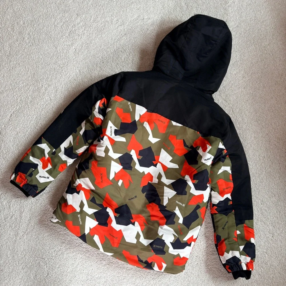 Hurley Puffer Jacket Camo Youth Hooded Boys Size M 10/12 Orange Green Black